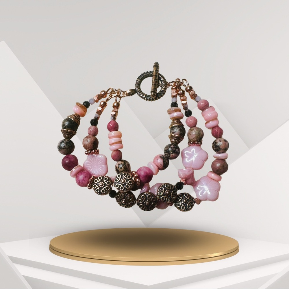 Pink and Brown Multi-Strand Bracelet with Round Beads